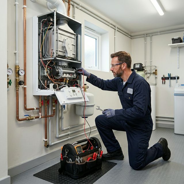 Technicien réalisant l'entretien d'une chaudière
